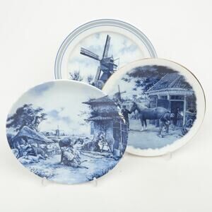 Lot of 3 Delft Blauw Made In Holland Hand Decorated Plates Windmills Landscape